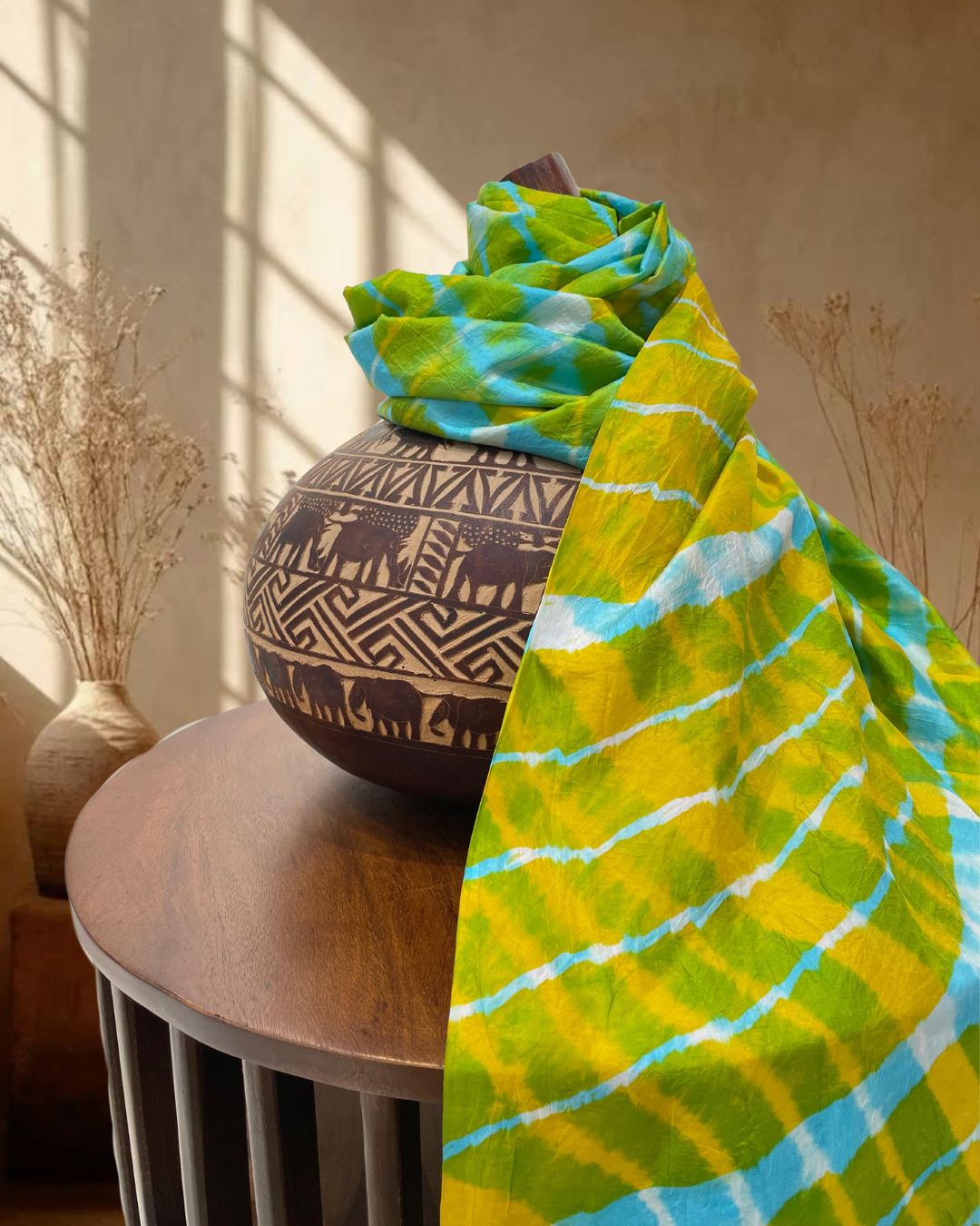 GREEN - YELLOW LEHERIYA SILK FABRIC