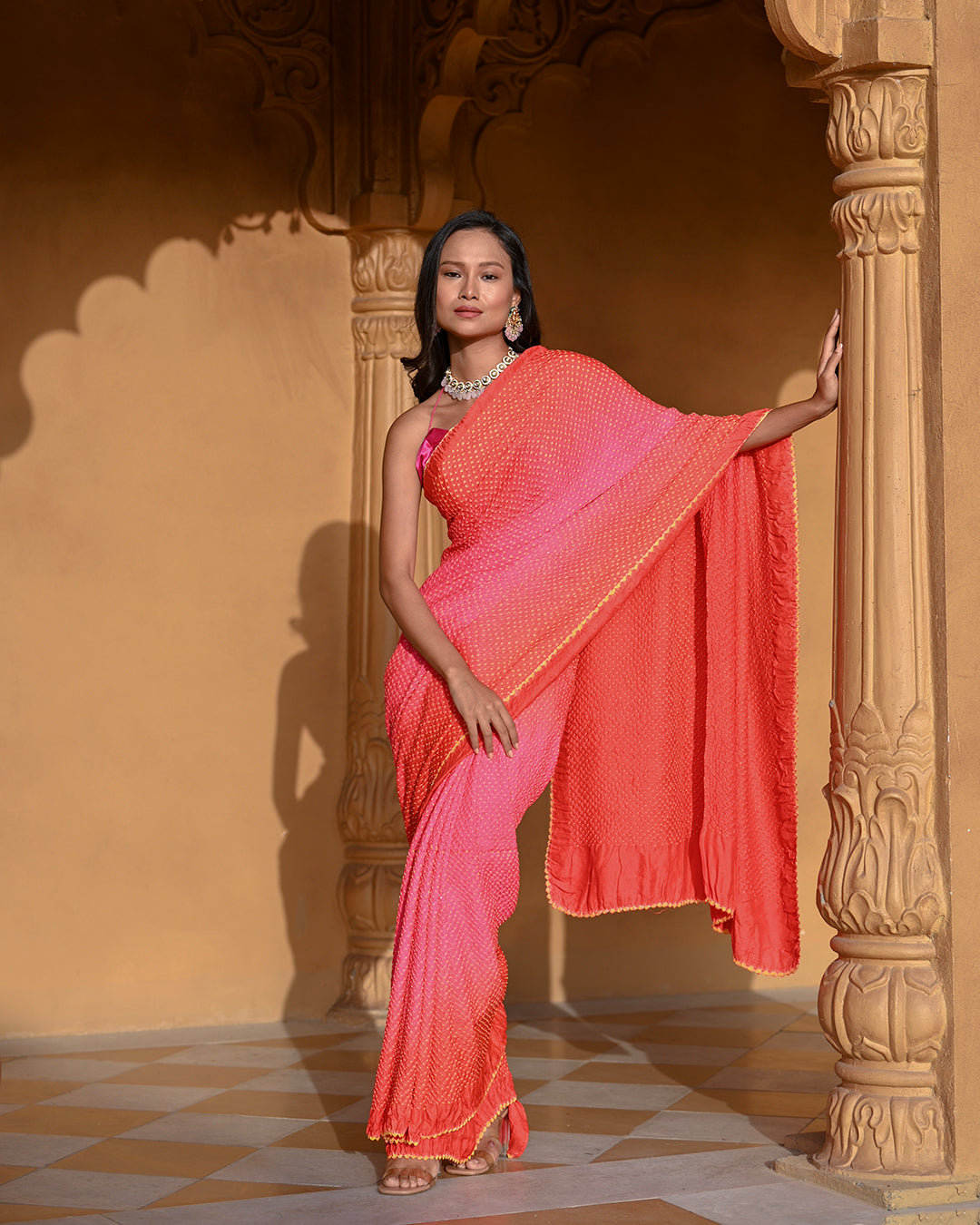 PEACH-PINK ETERNAL DOTS BANDHANI SILK SAREE
