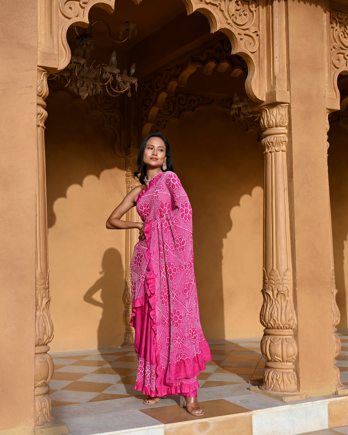 PINK YING-YANG HALF FULL HALF EMPTY POPPY FLOWER  BANDHANI SILK SAREE