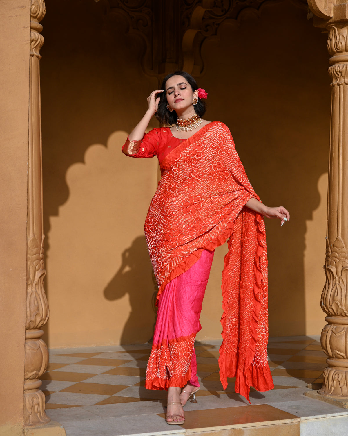 PINK-ORANGE YIN-YANG HALF FULL HALF EMPTY POPPY FLOWER BANDHANI SILK SAREE