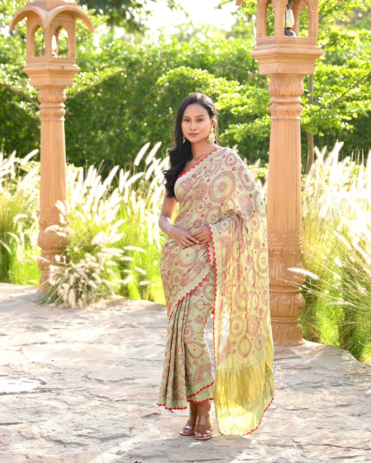 LIGHT GREEN CIRCLES OF LIFE BANDHANI SILK SAREE