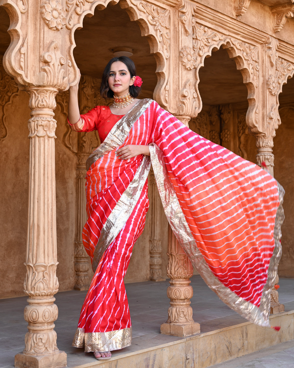 RED-ORANGE LEHERIYA SILK SAREE WITH LAMPI
