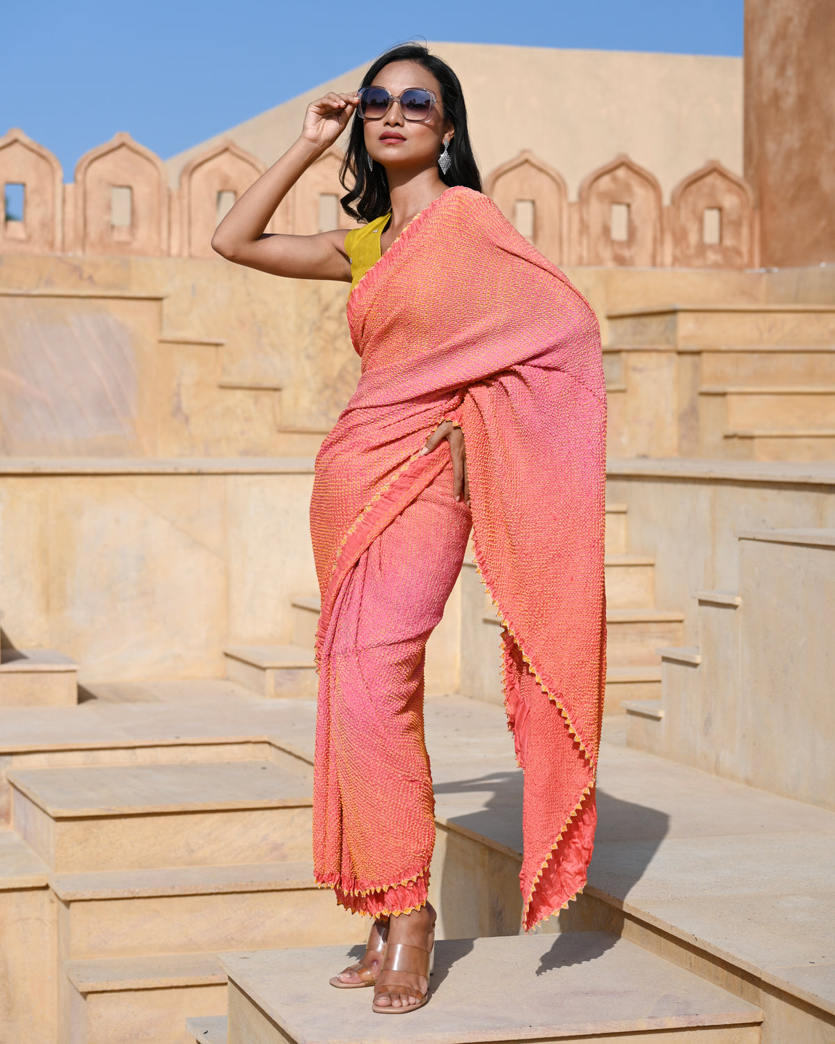 PEACH-PINK ETERNAL DOTS BANDHANI SILK SAREE
