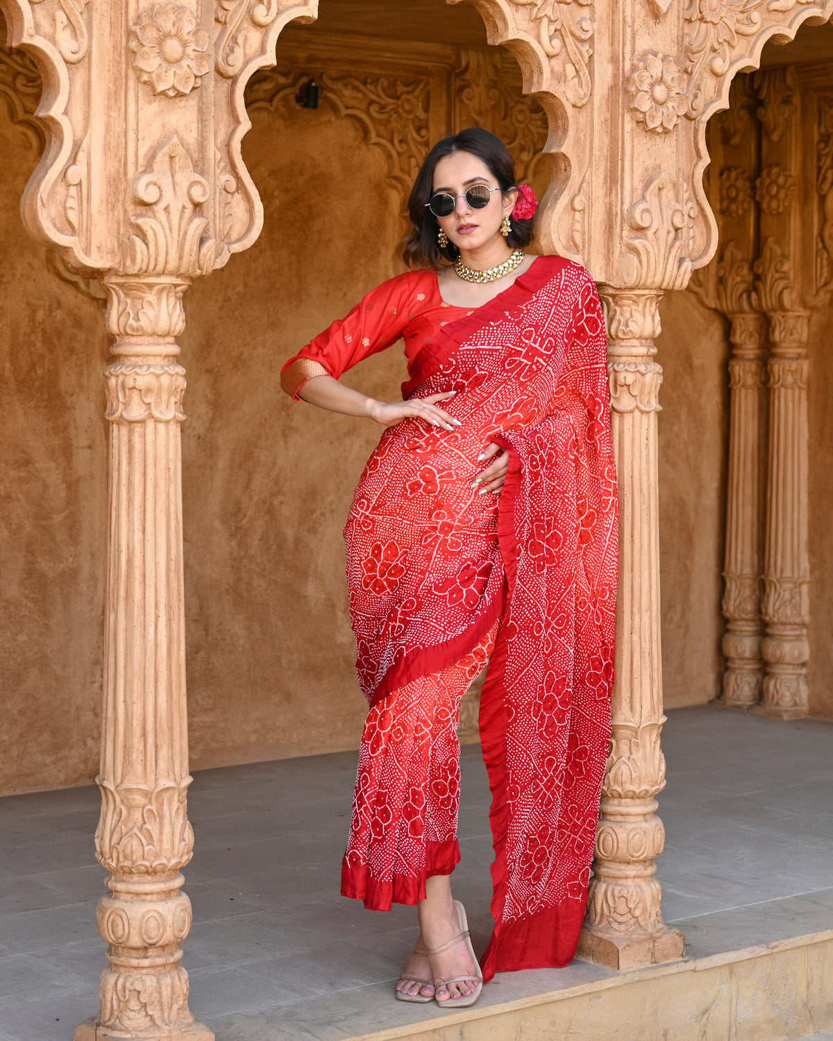 RED POPPY FLOWER BANDHANI SILK SAREE