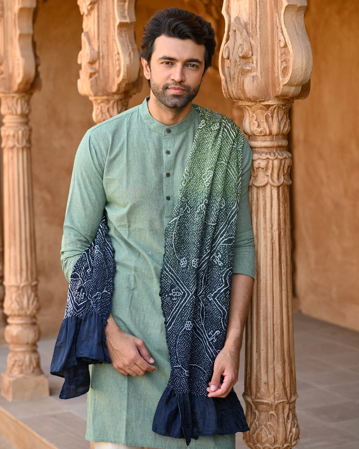 GREEN-NAVY BLUE FLOWER BANDHAANI SILK DUPATTA