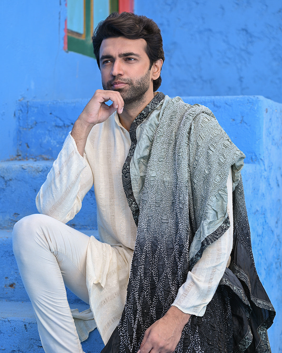 BLACK-GREY TRIANGULAR GEOMETRIC BANDHANI SILK DUPATTA WITH MUKAISH WORK AND SILK BORDER