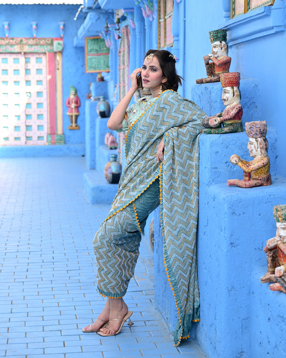 BLUE O3 CHEVRON BANDHANI SILK SAREE