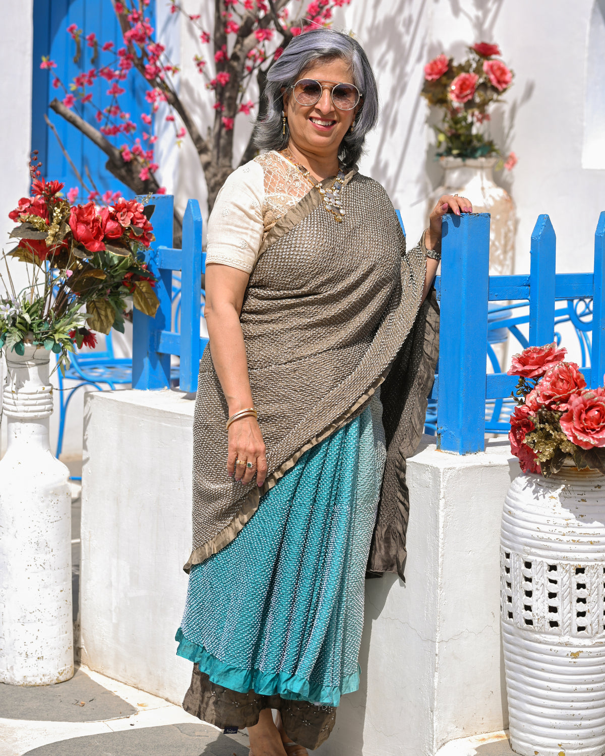 BROWN-BLUE ETERNAL DOTS BANDHANI SILK SAREE