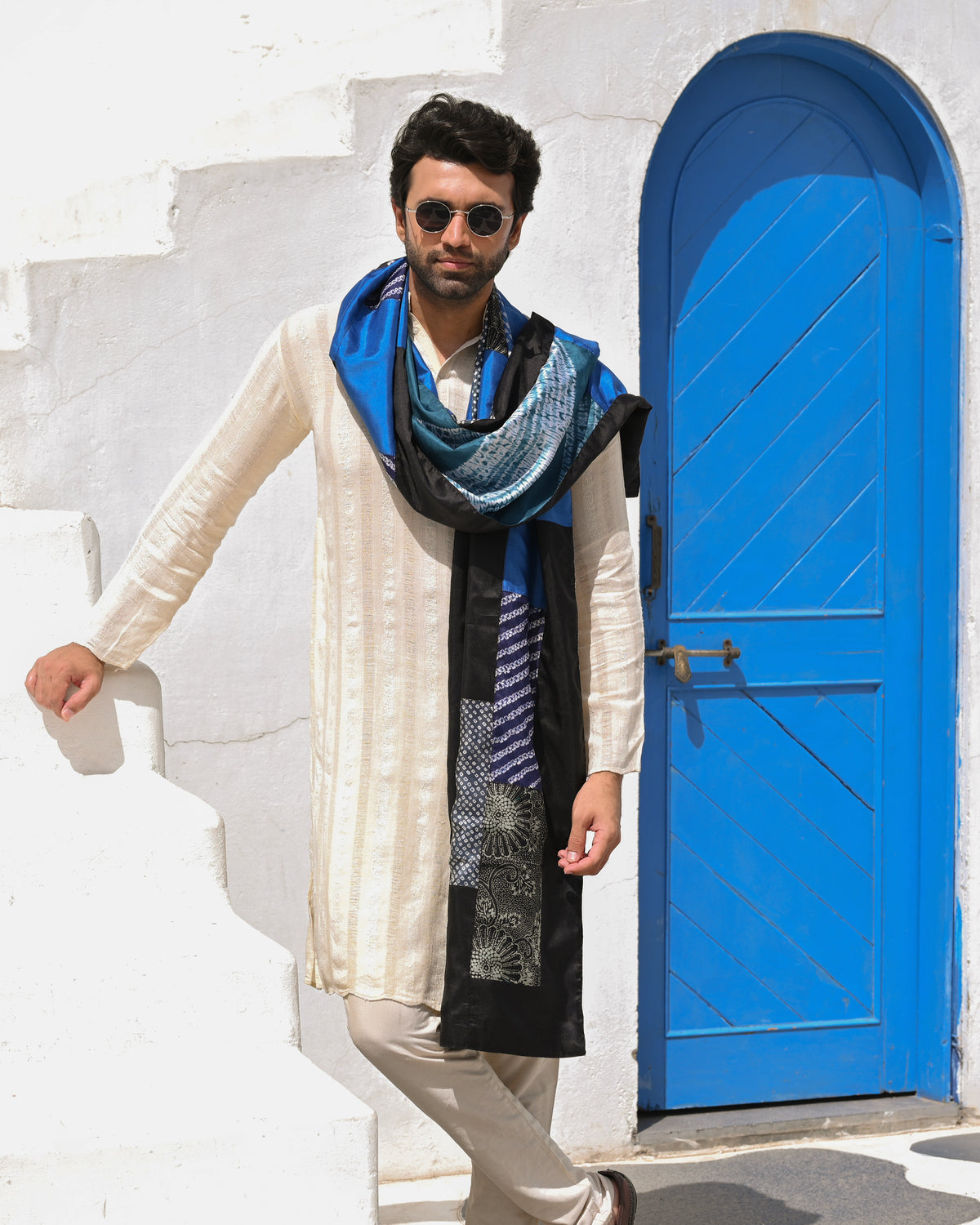 BLUE-BLACK BAARADOZI PATCHWORK REVERSIBLE SILK STOLE