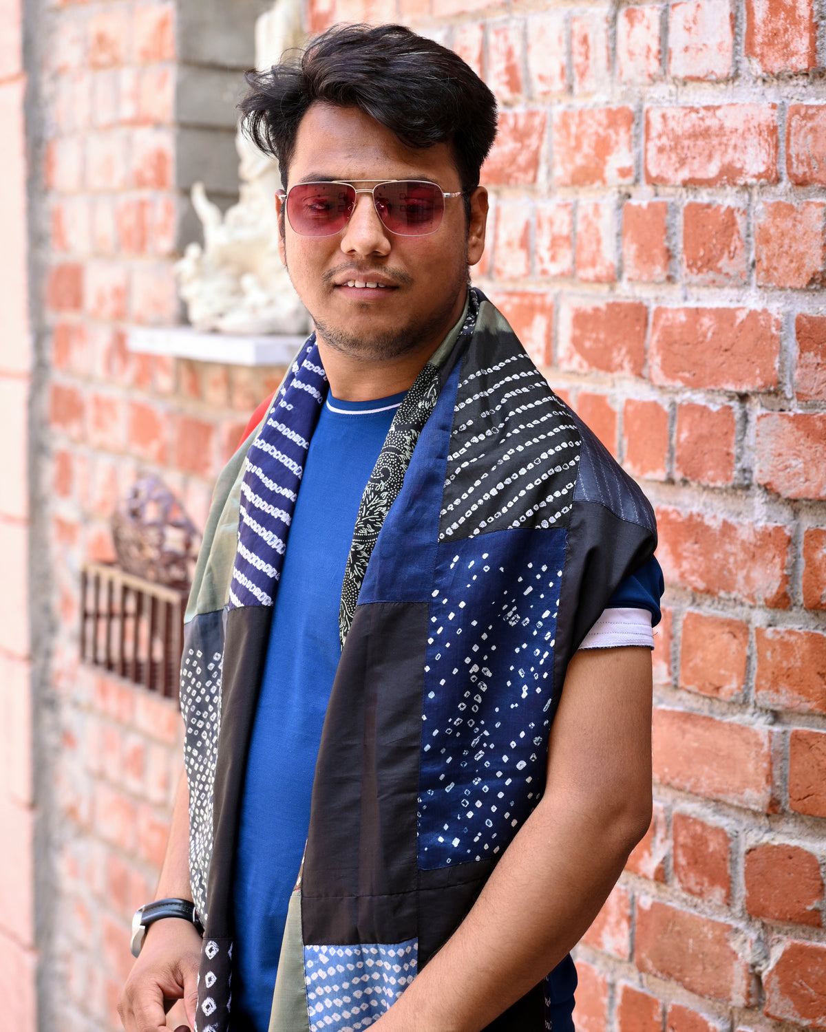 BLUE-BLACK BAARADOZI PATCHWORK REVERSIBLE SILK STOLE