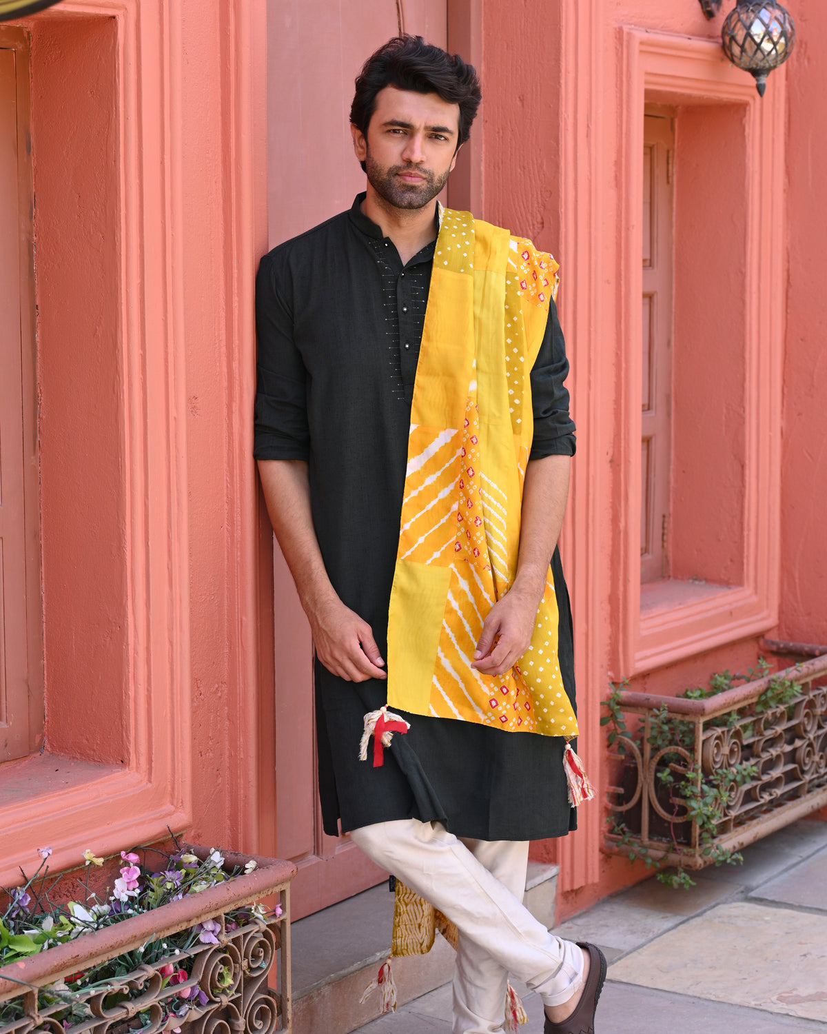 YELLOW BAARADOZI PATCHWORK REVERSIBLE SILK STOLE
