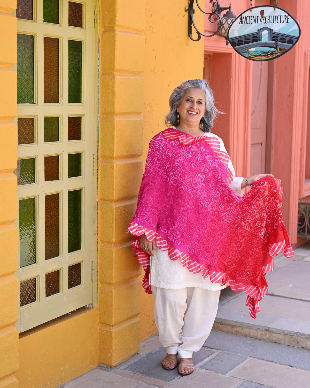 PINK-RED HONEYCOMB GEOMETRIC BANDHANI SILK DUPATTA WITH LEHERIYA SCALLOP BORDER