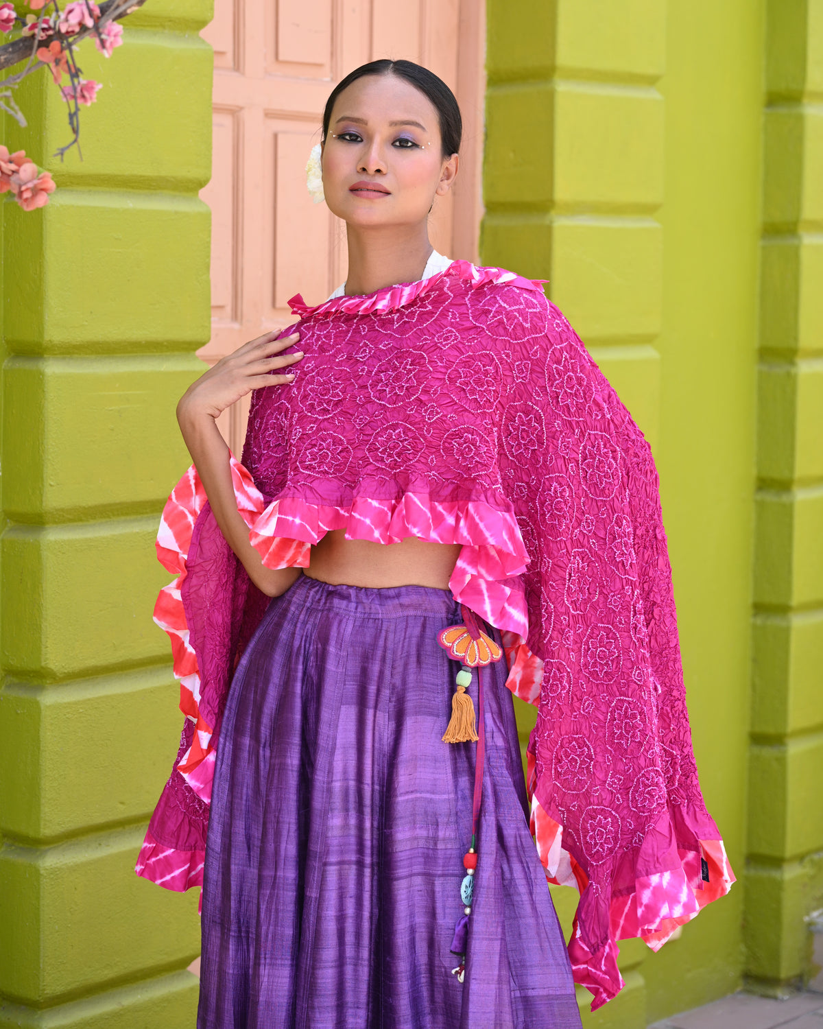 PINK FLOWER BANDHANI SILK DUPATTA WITH LEHERIYA BORDER