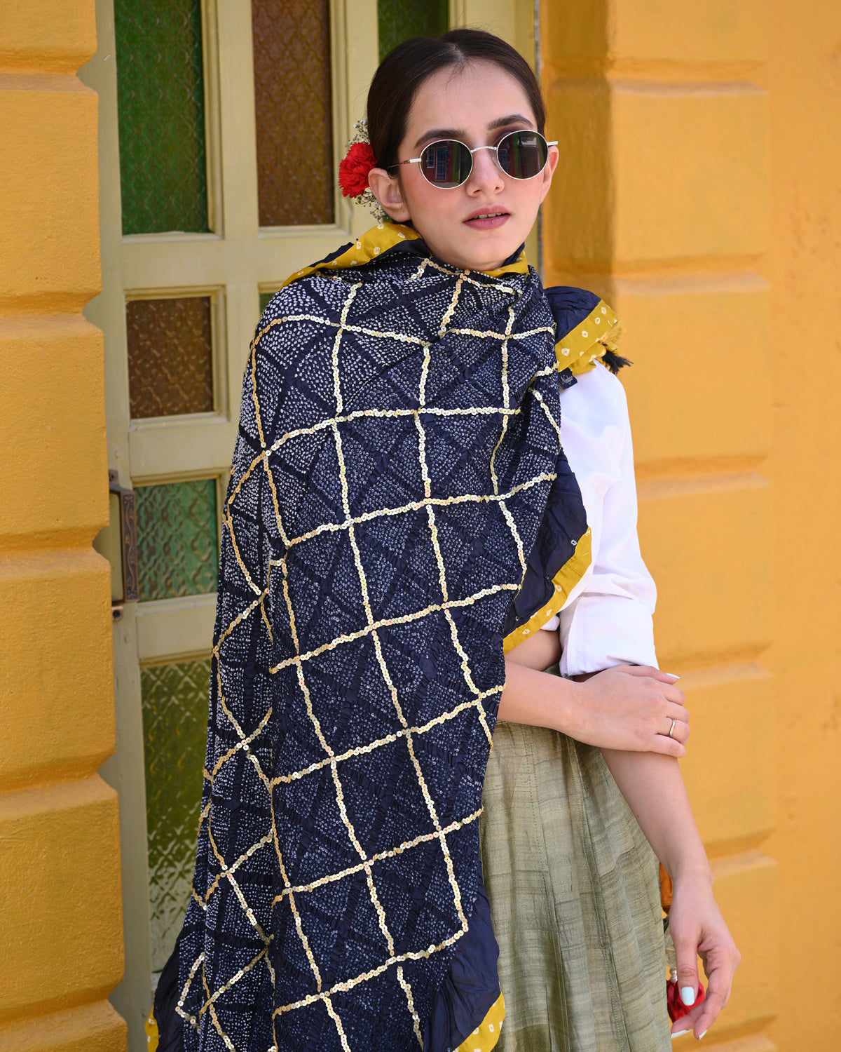 INDIGO BLUE SQUARE 4 GEOMETRIC BANDHANI SILK DUPATTA WITH SEQUIN WORK AND BORDER