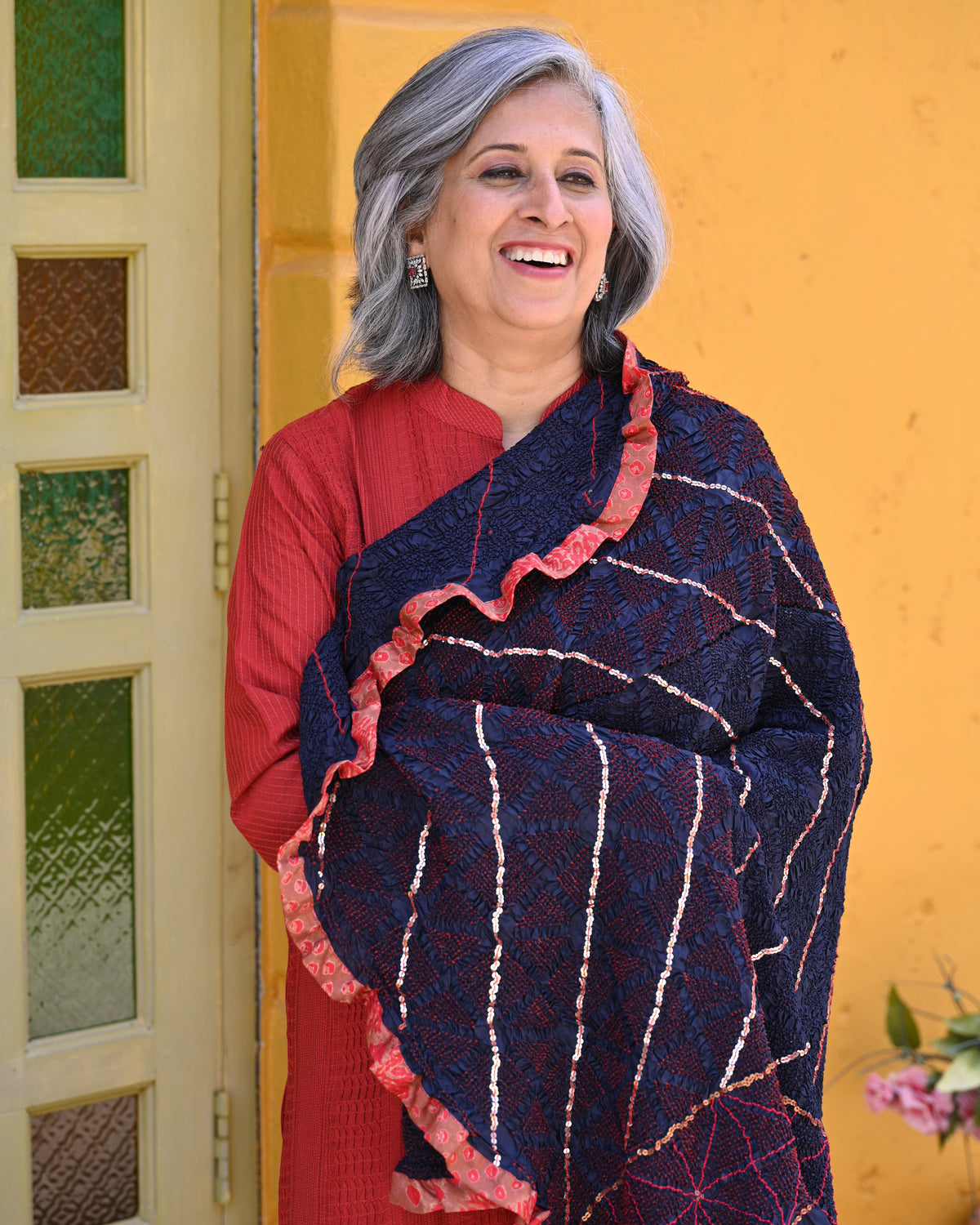 INDIGO BLUE SQUARE 4 GEOMETRIC BANDHANI SILK DUPATTA WITH SEQUIN WORK AND SILK BORDER