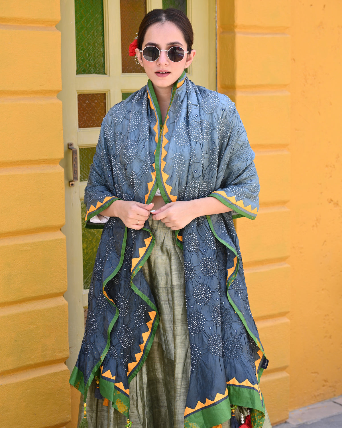 GREY CIRCLES OF THE LIFE BANDHANI SILK DUPATTA WITH LAMPI BORDER AND TASSELS