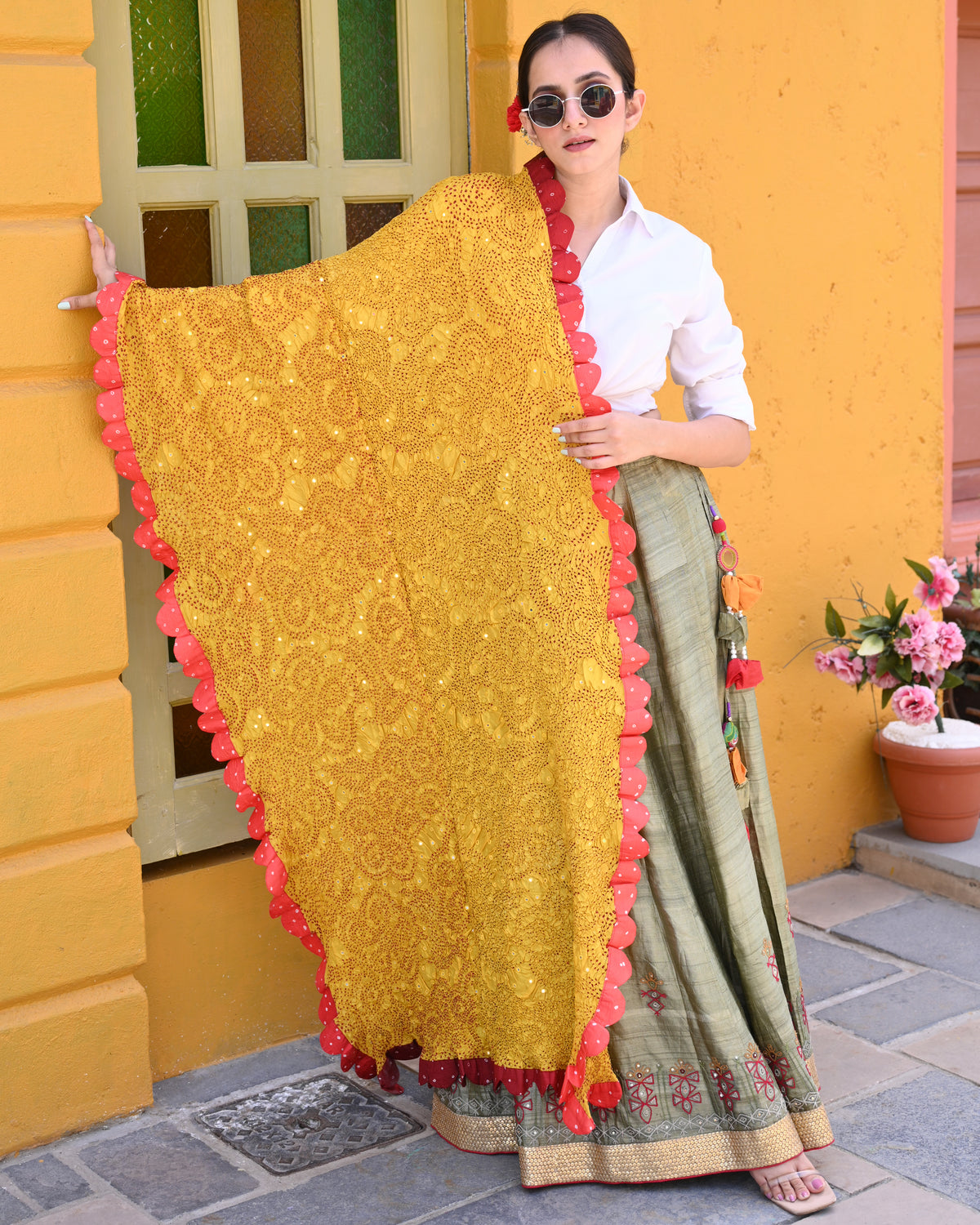 YELLOW FLOWER BANDHANI SILK DUPATTA WITH SCALLOP BORDER
