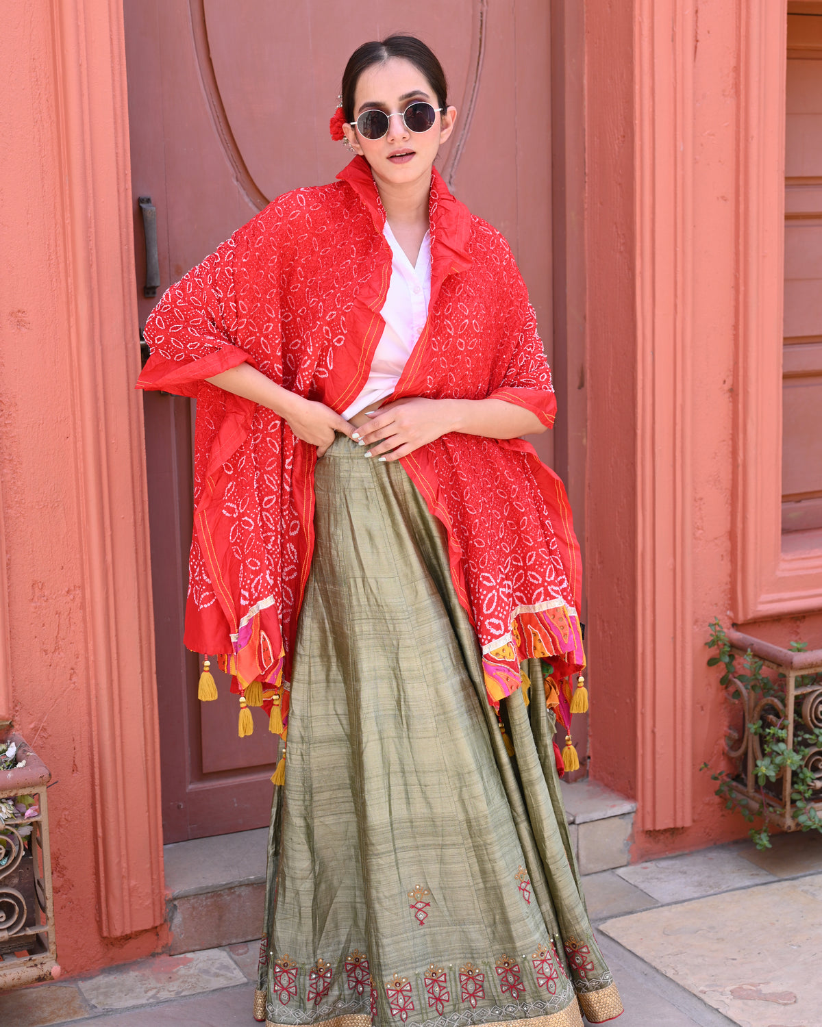 RED FLOWER BANDHANI SILK DUPATTA WITH BEAD WORK AND TASSELS