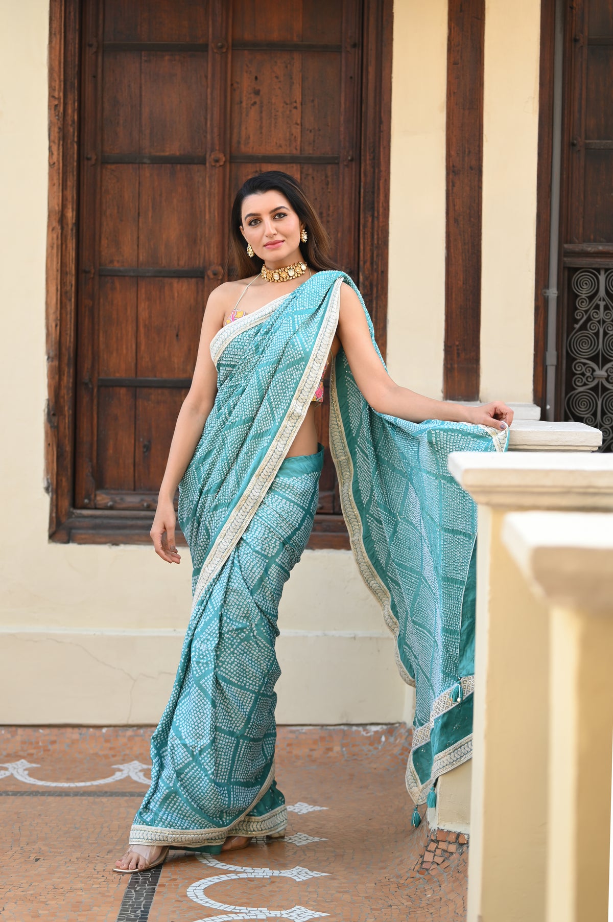 LIGHT BLUE DIAMOND GEOMETRIC BANDHANI SILK SAREE WITH LACE BORDER AND TASSELS