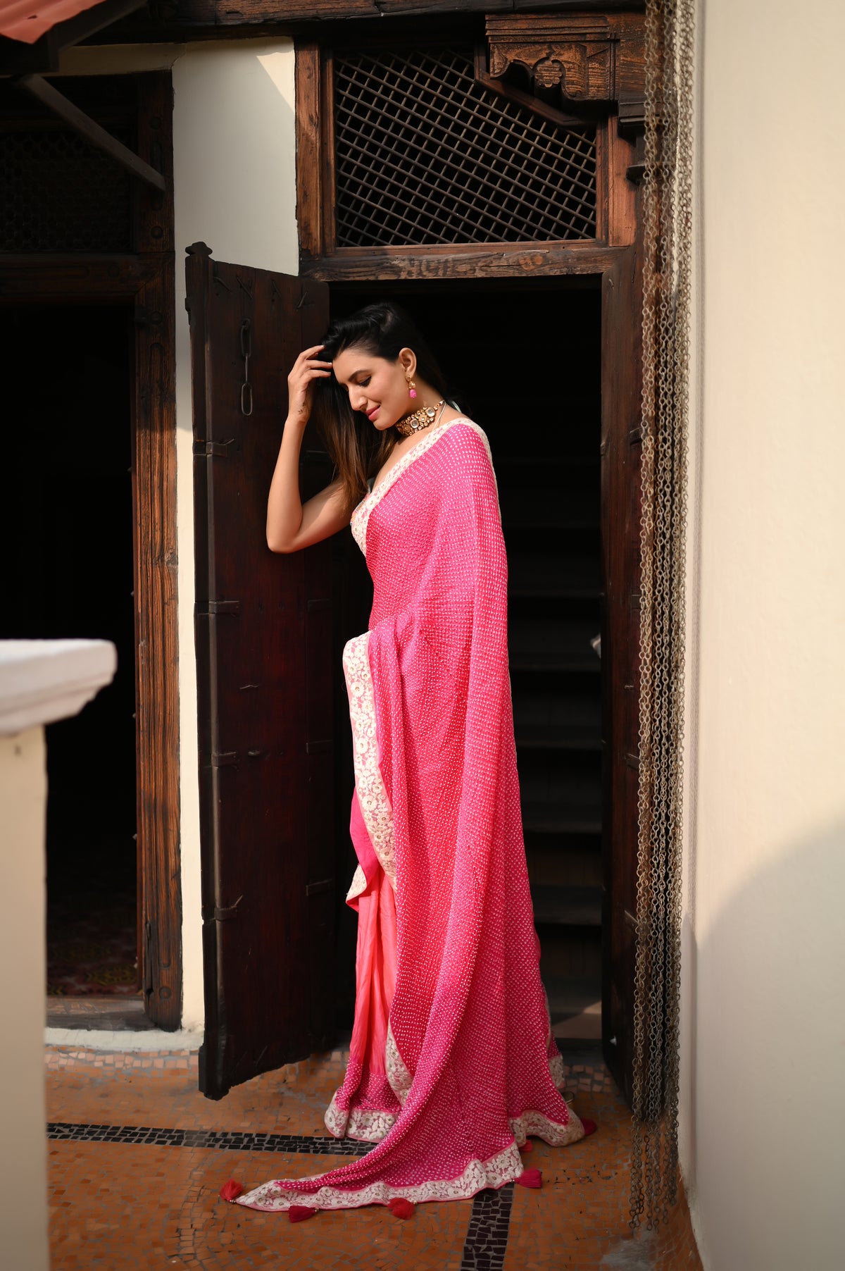 PINK YIN-YANG HALF DULL HALF EMPTY ETERNAL DOT BANDHANI SILK SAREE WITH LACE BORDER AND TASSELS