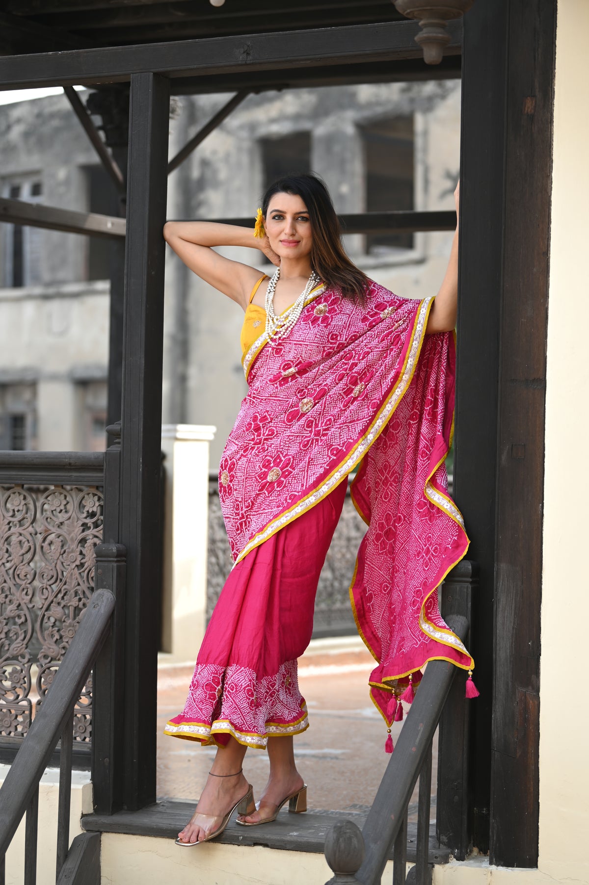 PINK YIN-YANG HALF FULL HALF EMPTY POPPY FLOWER BANDHANI SILK SAREE WITH SEQUIN WORK AND LAMPI BORDER