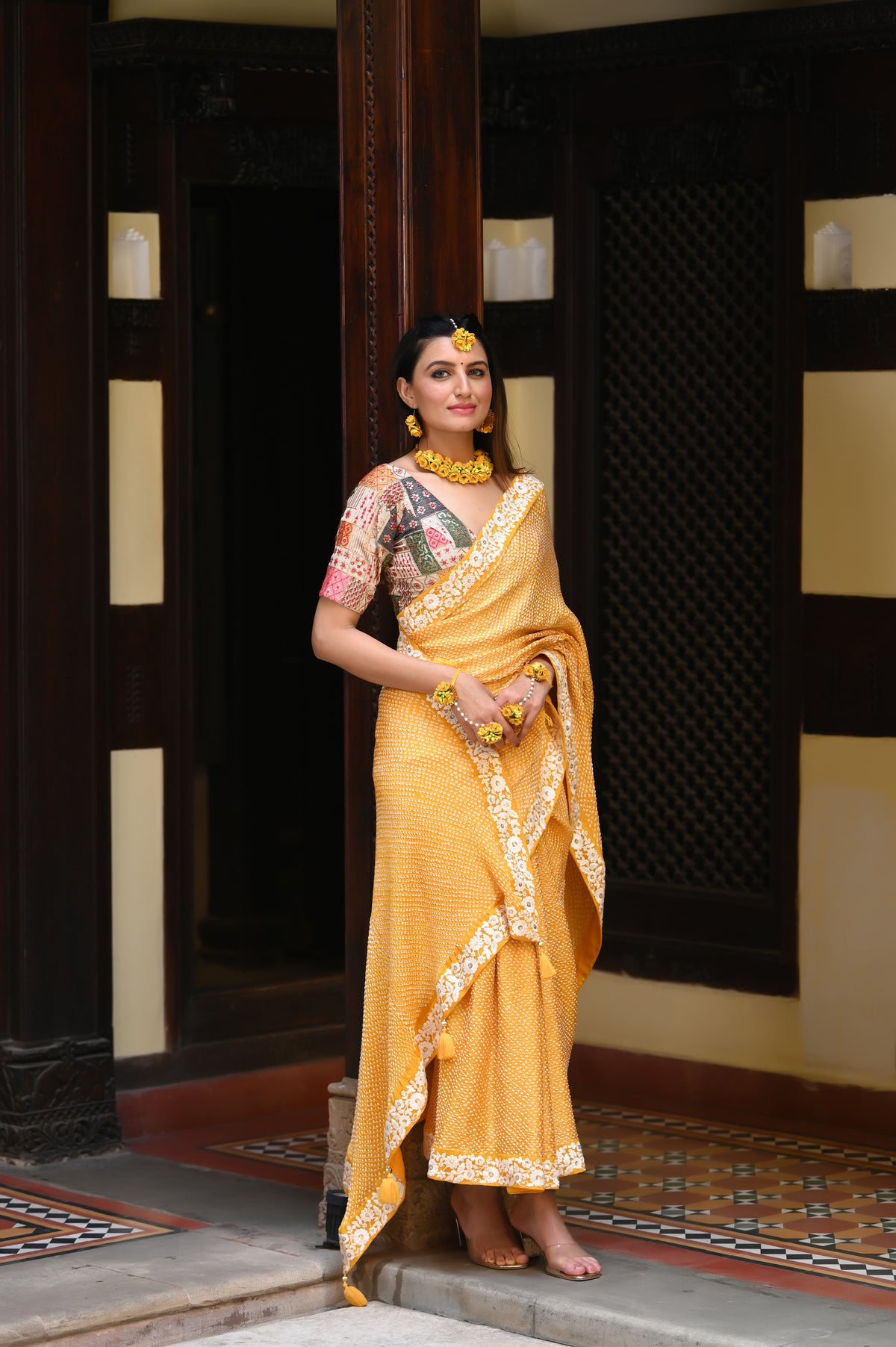 YELLOW ETERNAL DOTS BANDHANI SILK SAREE WITH LACE BORDER AND TASSELS