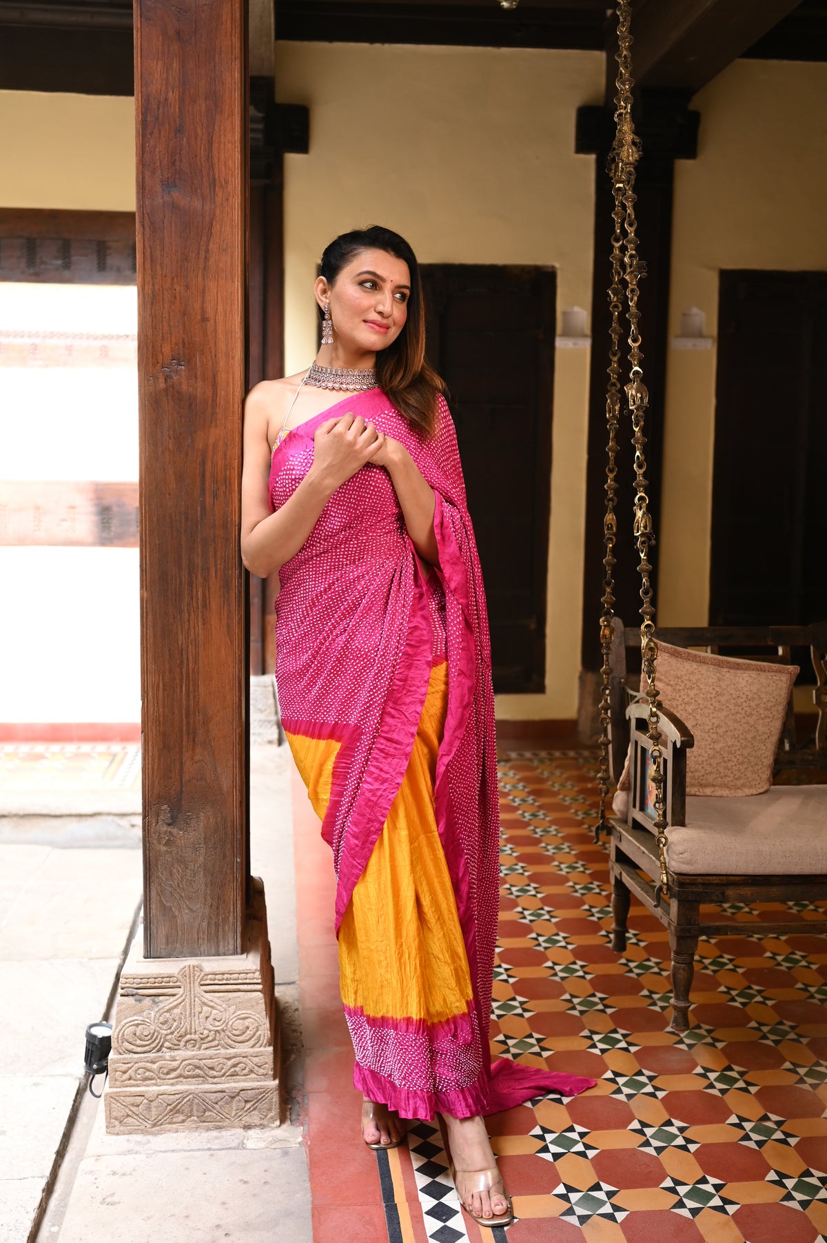 PINK-YELLOW YIN-YANG HALF FULL HALF EMPTY ETERNAL DOT BANDHANI SILK SAREE
