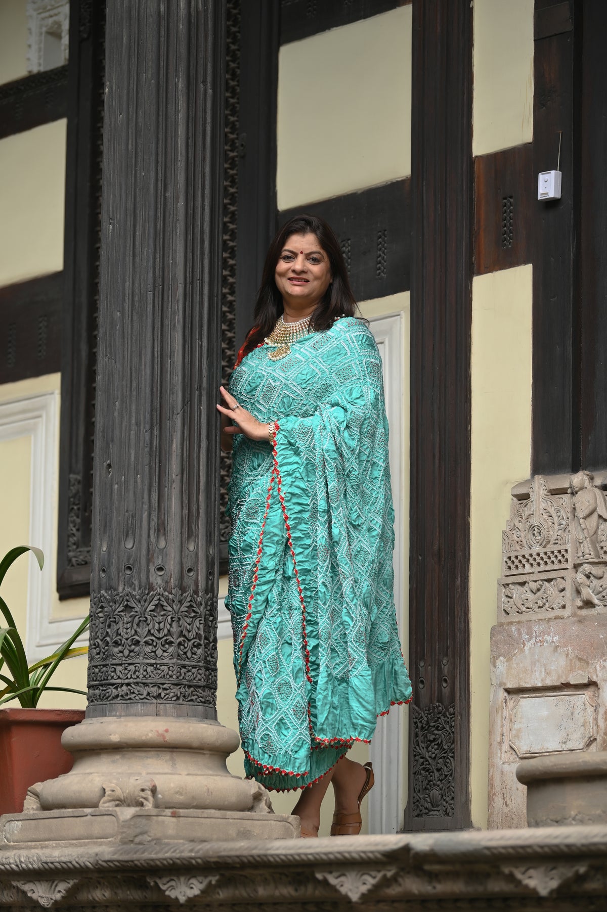 LIGHT BLUE DIAMOND GEOMETRIC BANDHANI SILK SAREE