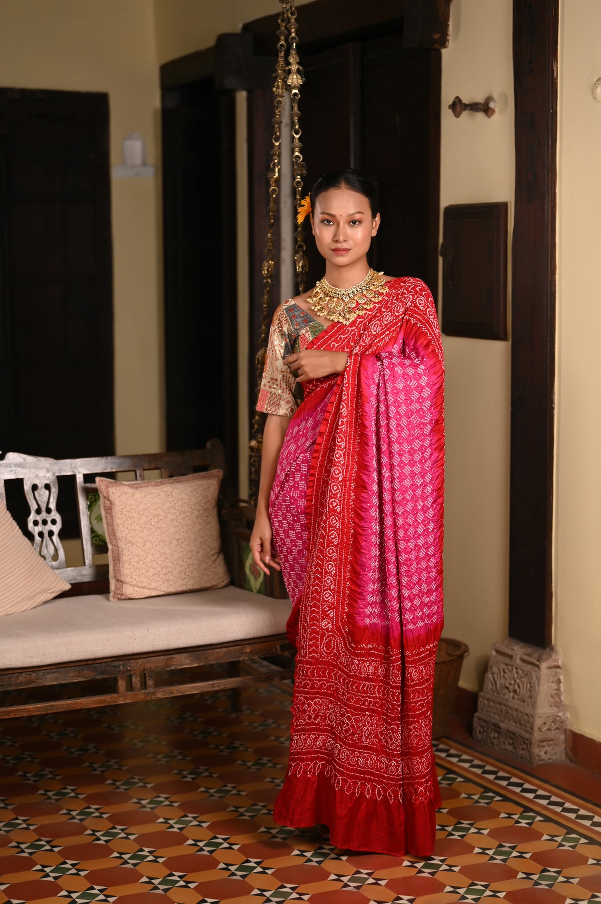 PINK-RED CLASSIC TRADITIONAL BANDHANI SILK SAREE