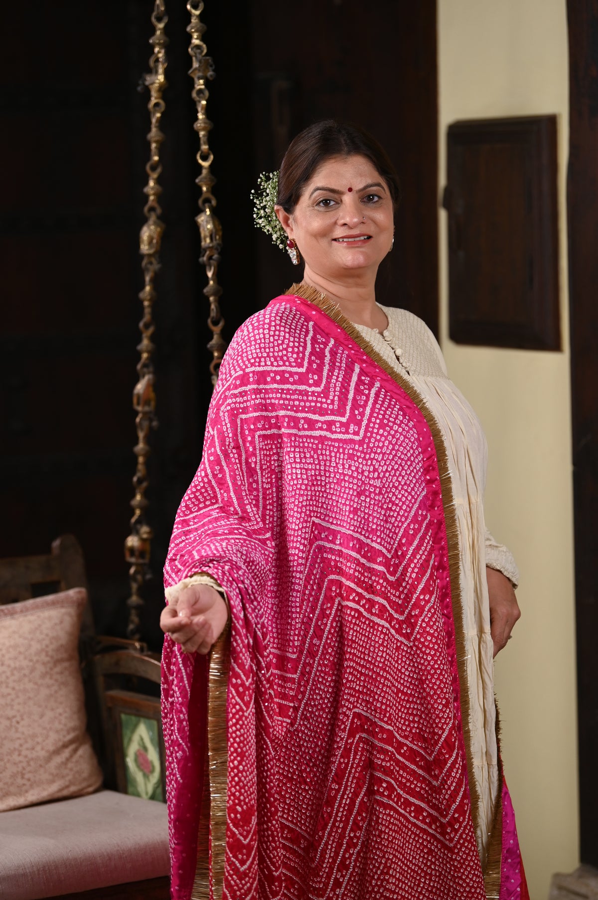 PINK-RED CHEVRON BANDHANI SILK DUPATTA WITH APPLIQUE AND KIRAN BORDER