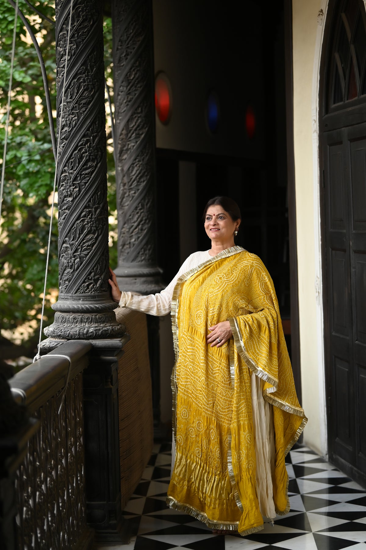 YELLOW CLASSIC TRADITIONAL BANDHANI SILK DUPATTA WITH LAMPI AND KIRAN BORDER