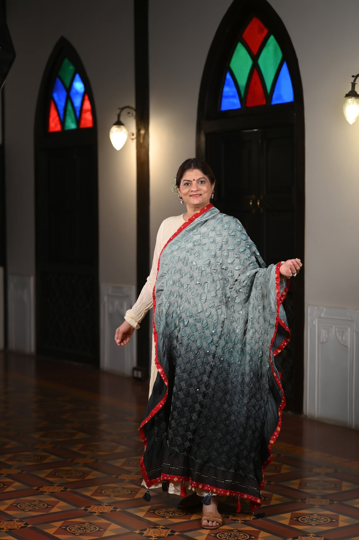 GREY-BLACK S3 DIAMOND BANDHANI SILK DUPATTA WITH MIRROR WORK AND SILK BORDER