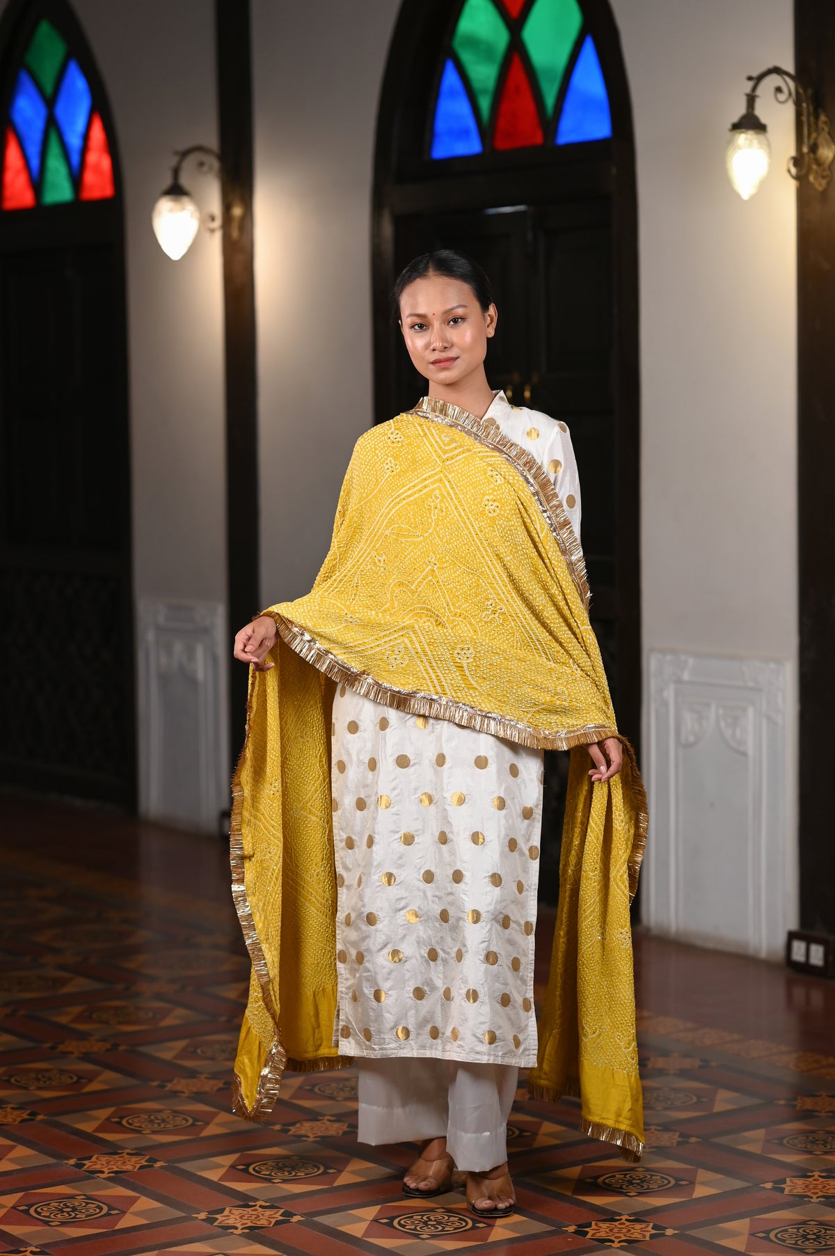 YELLOW CLASSIC TRADITIONAL RUMAL BANDHANI SILK DUPATTA WITH LAMPI AND KIRAN BORDER