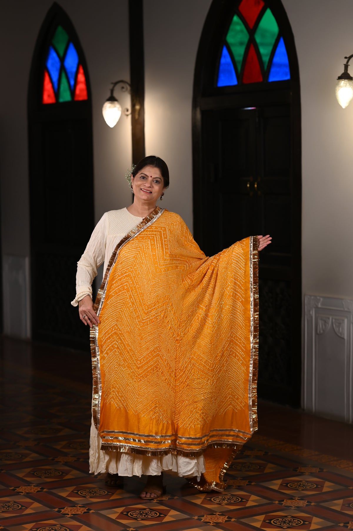 YELLOW CHEVRON BANDHANI SILK DUPATTA WITH LAMPI AND KIRAN BORDER
