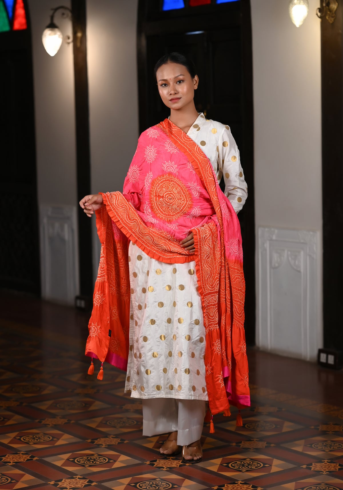 PEACH-ORANGE CLASSIC TRADITIONAL LADDU BANDHANI SILK DUPATTA WITH MUKAISH WORK AND TASSELS