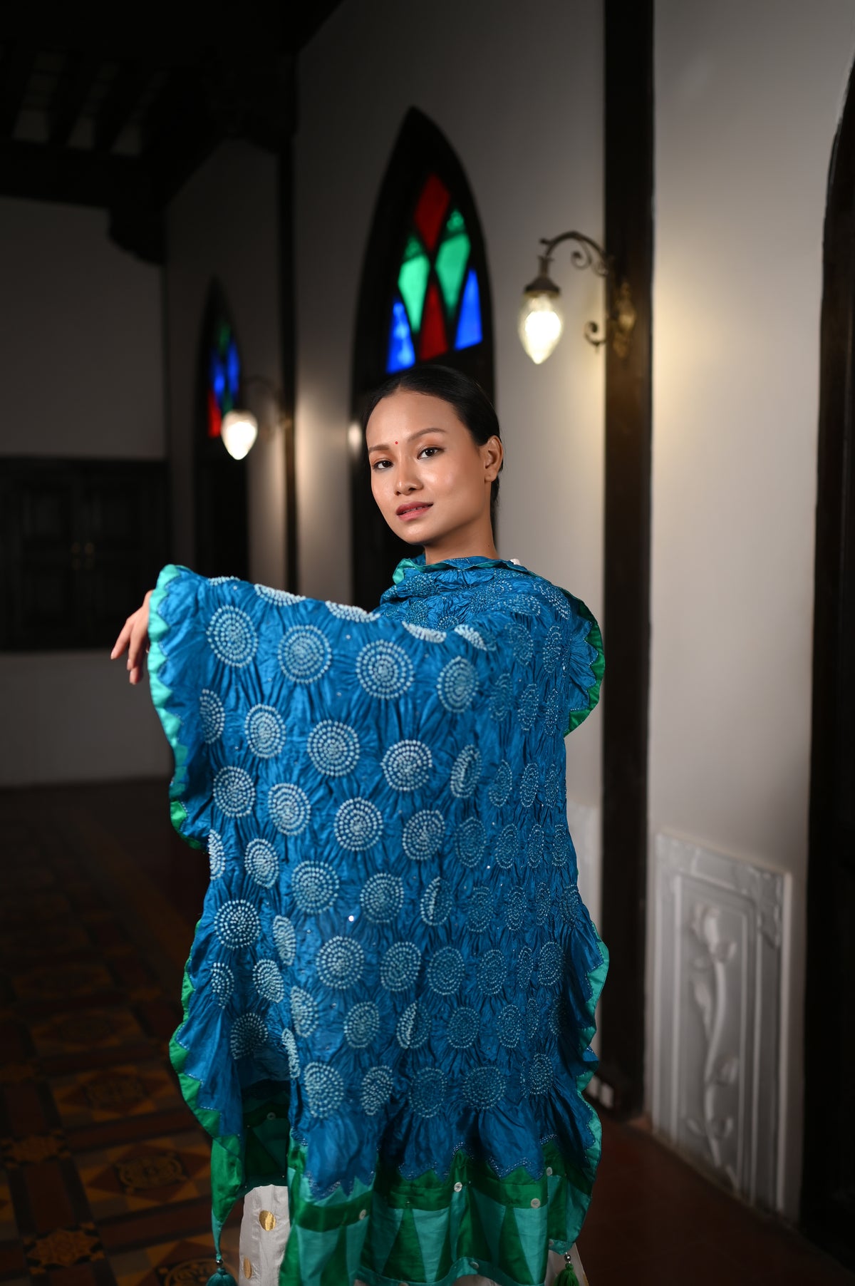 BLUE CIRCLE OF THE LIFE BANDHANI SILK DUPATTA WITH APPLIQUE BORDER AND TASSELS