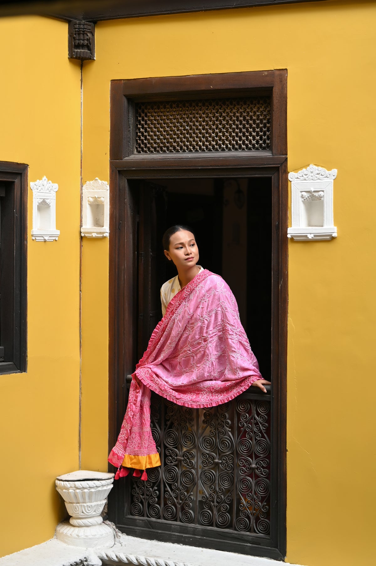 PINK MALAYSIAN IKAT BANDHANI SILK DUPATTA WITH EMBROIDERY AND TASSELS