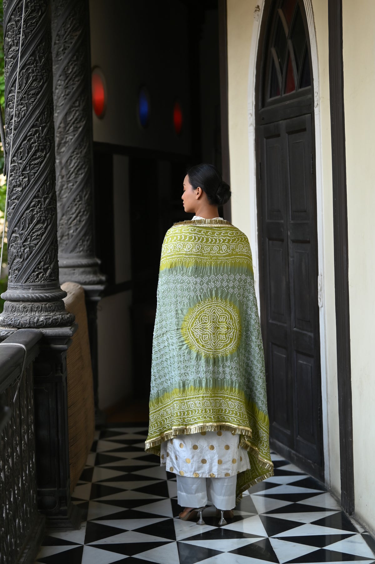 GREY-GREEN CLASSIC TRADITIONAL BANDHANI SILK DUPATTA WITH MUKAISH WORK AND KIRAN BORDER