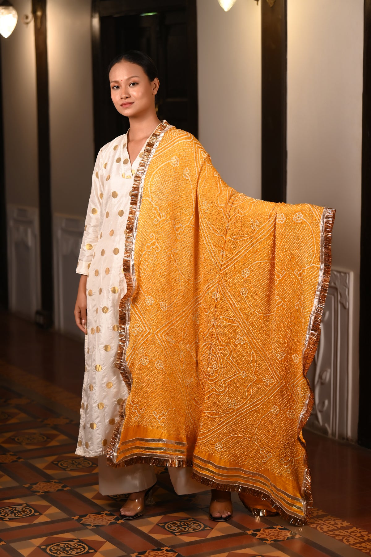 YELLOW RUMAL CLASSIC TRADITIONAL BANDHANI SILK DUPATTA WITH LAMPI AND KIRAN BORDER