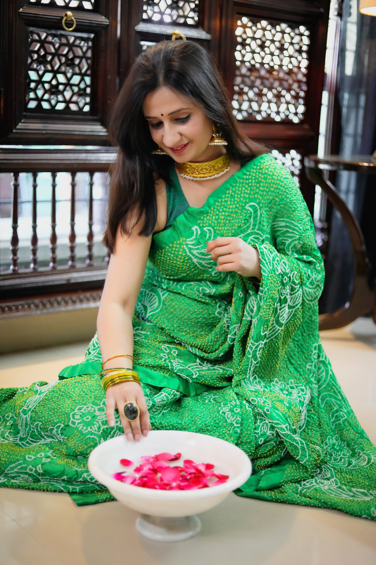 GREEN JAPANESE BANDHANI SILK SAREE