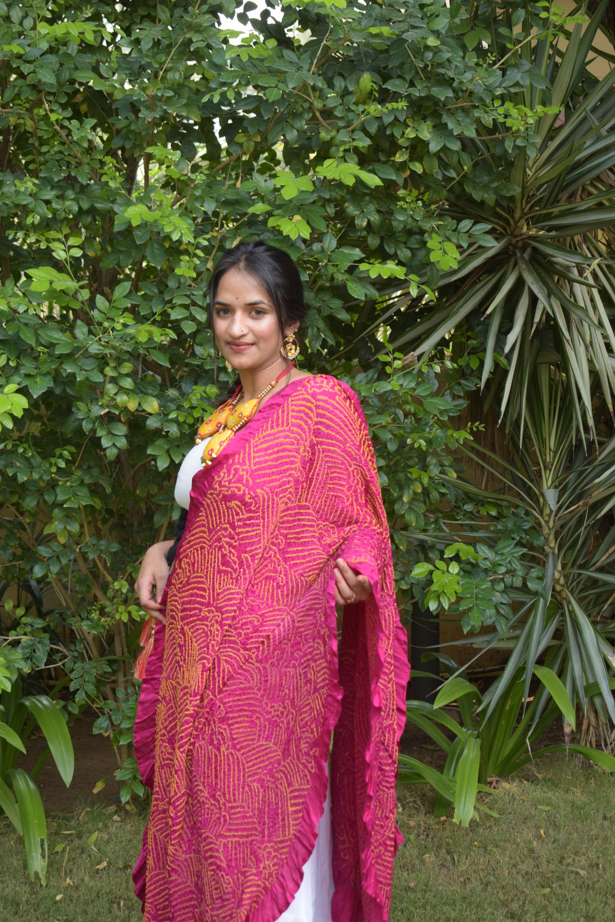 PINK JAPANESE WAVE BANDHANI SILK DUPATTA