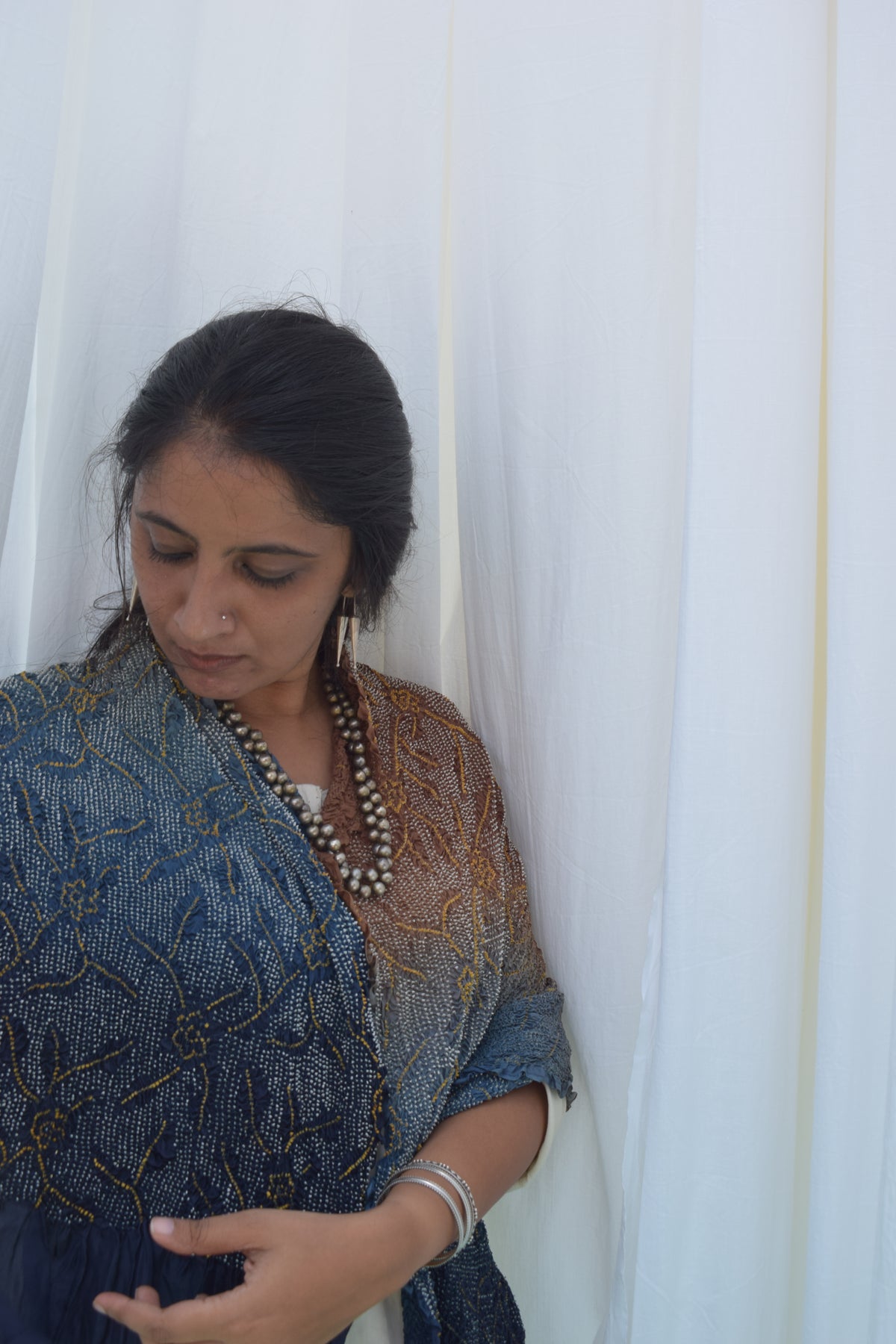 BLUE-BROWN JAPANESE BANDHANI SILK DUPATTA