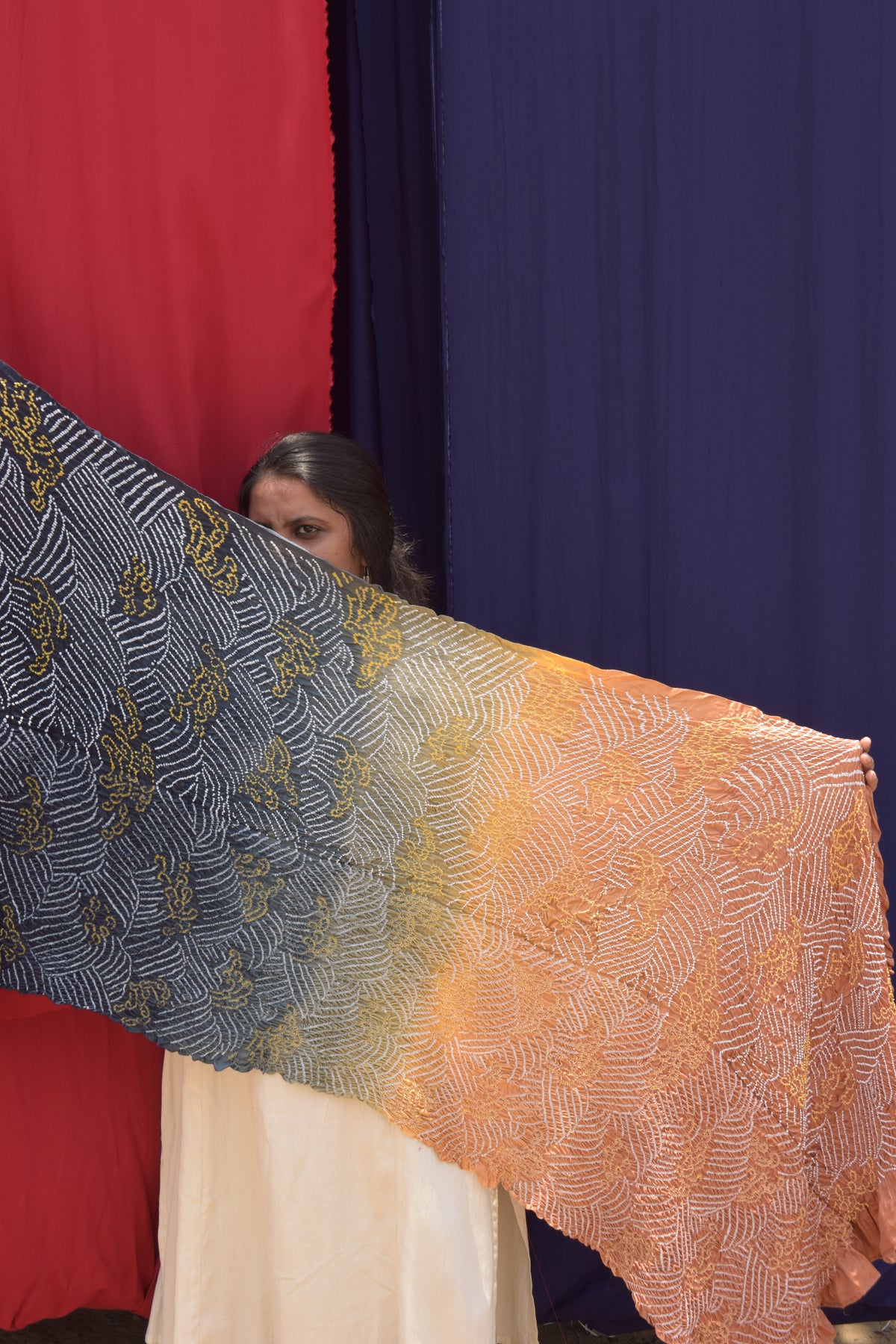 PEACH-BLUE JAPANESE CLOUD BANDHANI SILK DUPATTA