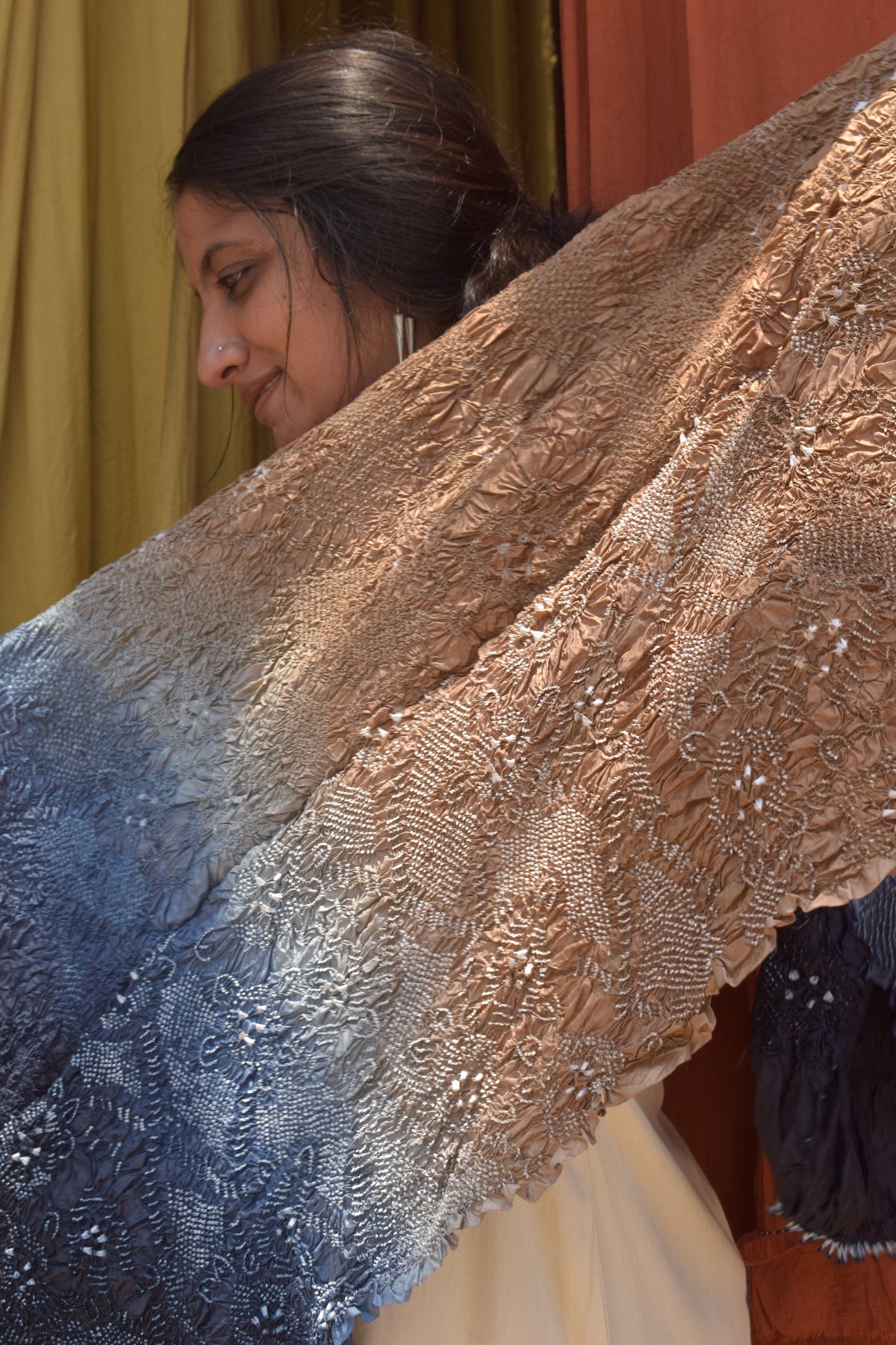 BLUE-BROWN JAPANESE BANDHANI SILK DUPATTA