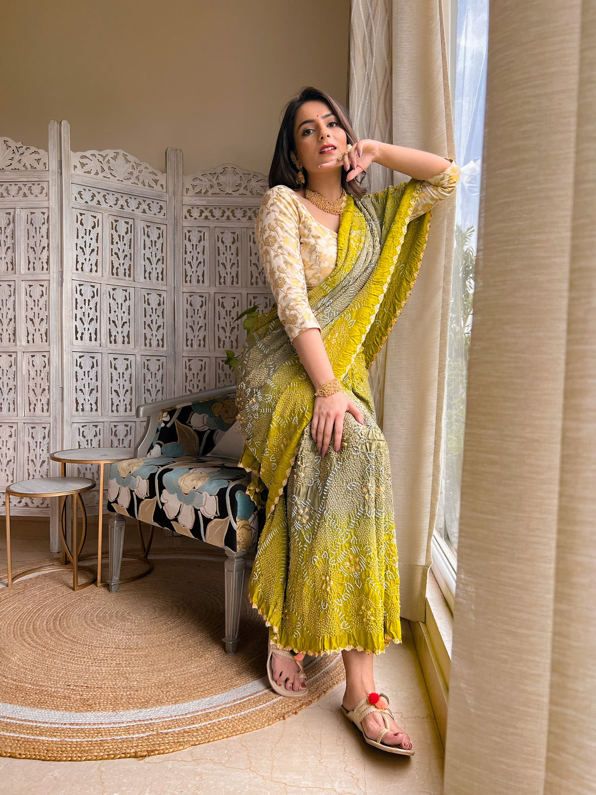 GREEN-GREY JAPANESE BANDHANI SILK SAREE
