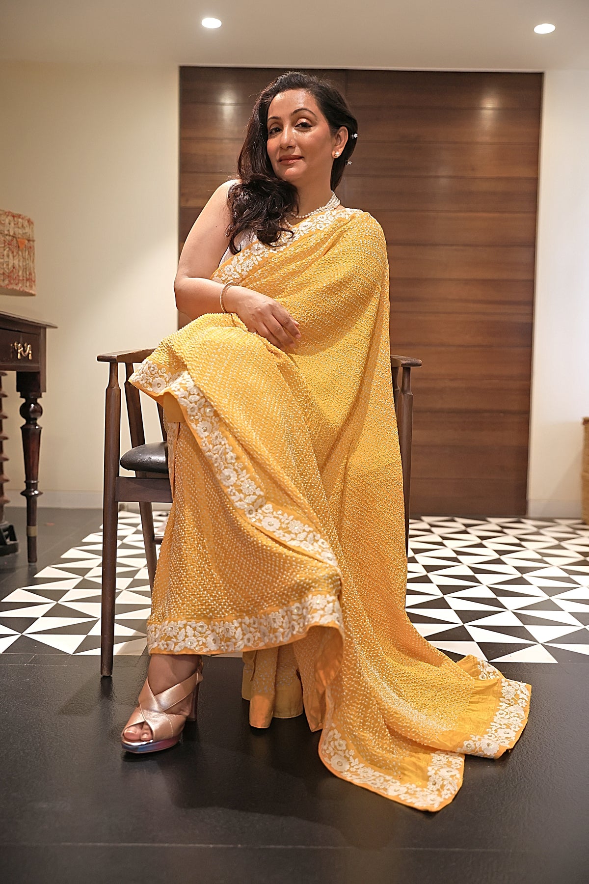 YELLOW ETERNAL DOTS BANDHANI SILK SAREE WITH LACE BORDER
