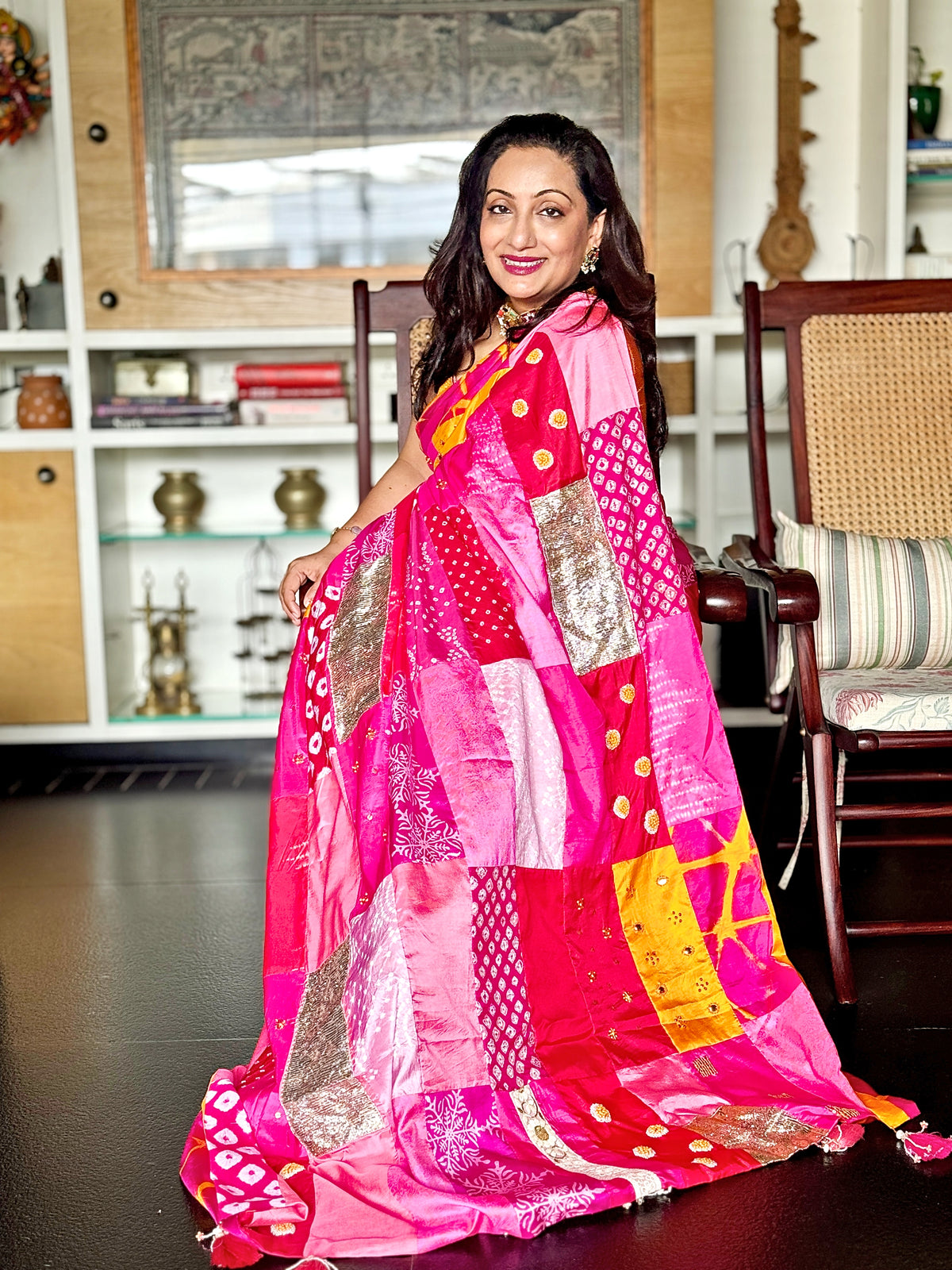 RED-PINK BAARADOZI SILK PATCHWORK REVERSIBLE SAREE WITH HANDCRAFTED EMBROIDERY
