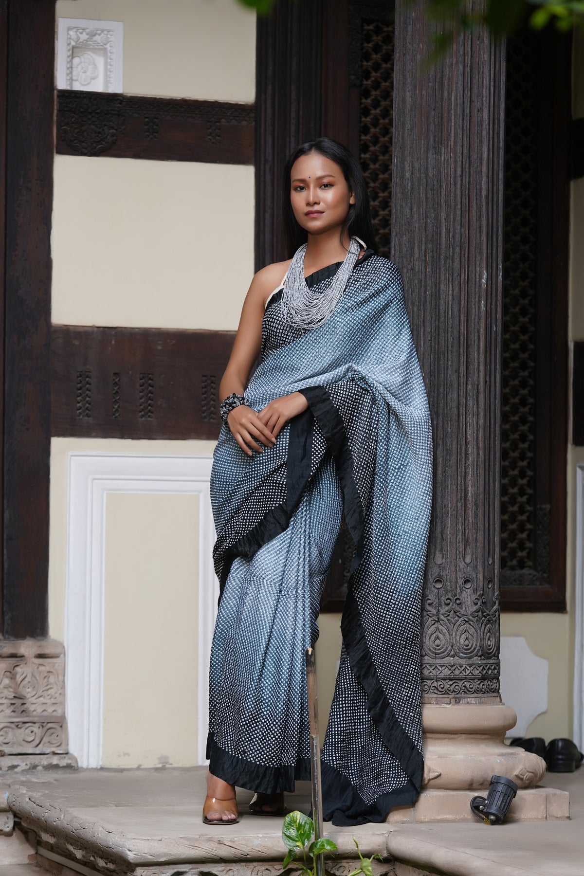 BLACK-GREY ETERNAL DOTS BANDHANI SILK SAREE