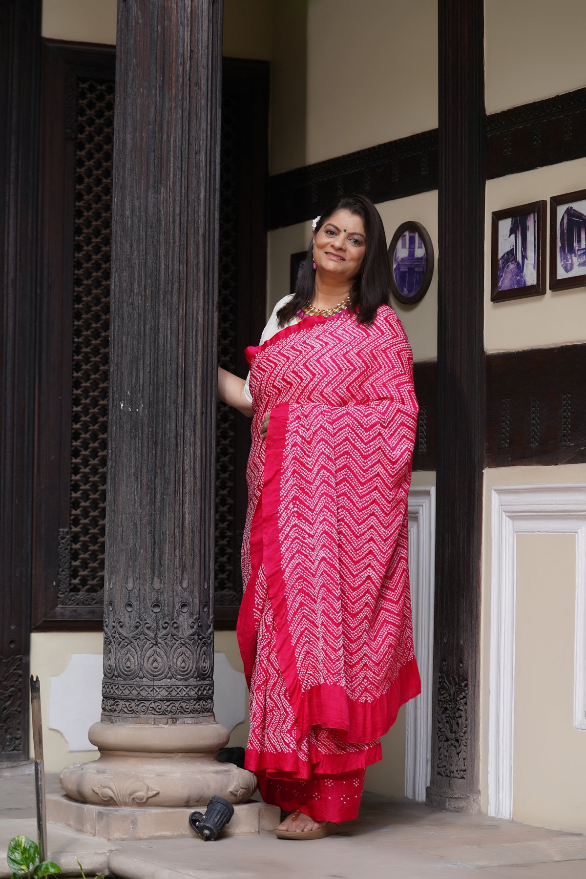 PINK O3 CHEVRON BANDHANI SILK SAREE