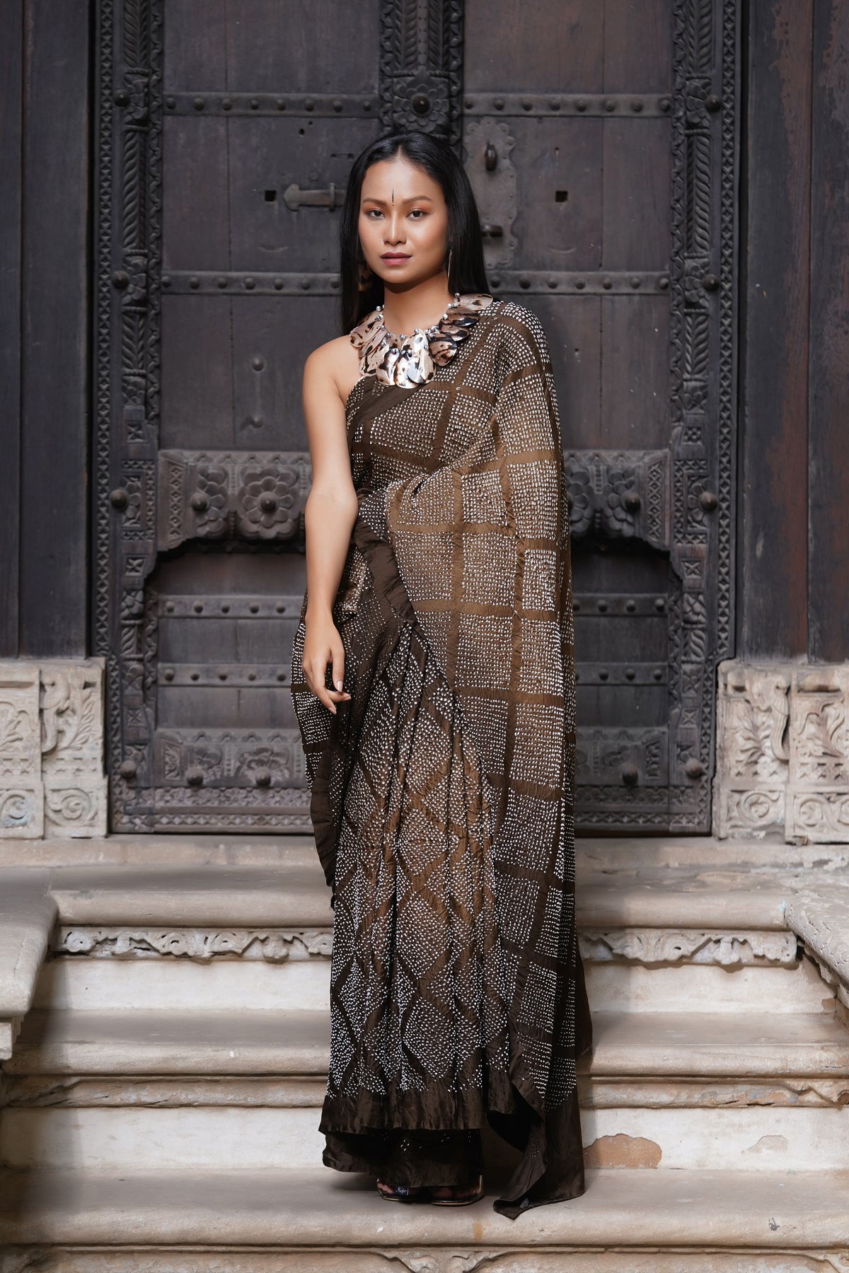 BROWN DIAMOND GEOMETRIC BANDHANI SILK SAREE